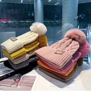 Colorful Knit Beanies with Pom Poms, Various Colors Available, Adult